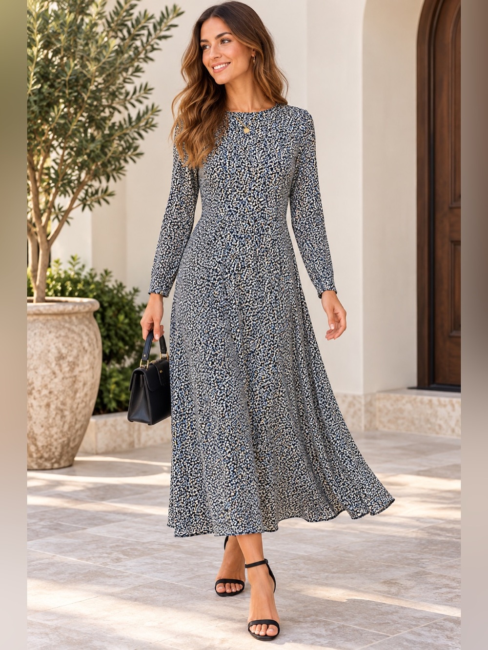 H&M Women’s Navy Floral Long Sleeve Midi Dress Size XS Like New